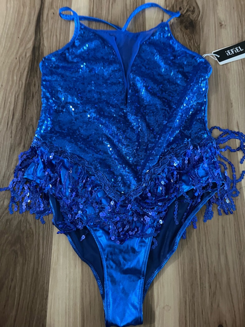 IEFiel Women's Size Large Blue Sequin Fringe Mesh Panel Dance Leotard